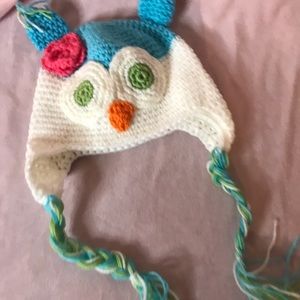 Owl crochet handmade knit hat colorful pattern ear flap braids bohemian